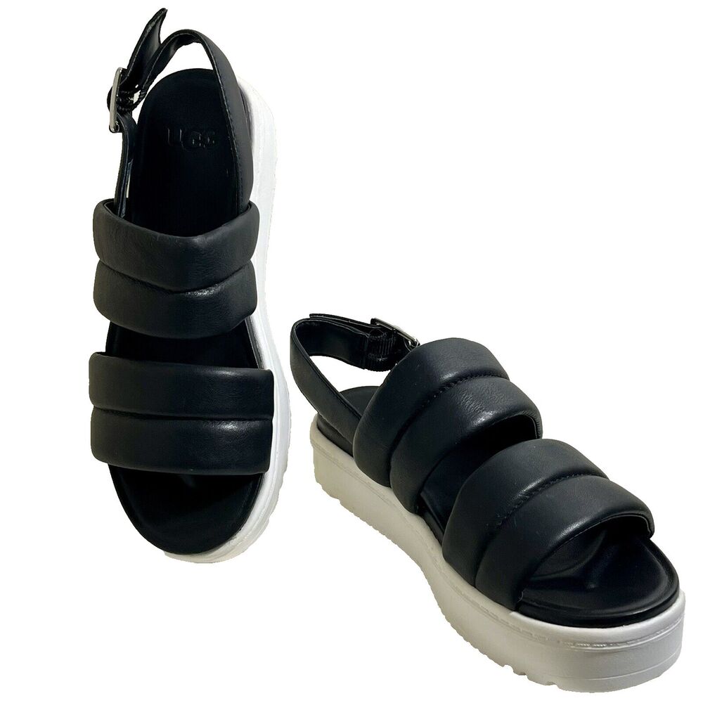 UGG Slingback Sandal Zayne Women's 6 Black Leather Puffy Adjustable Straps 1.5"